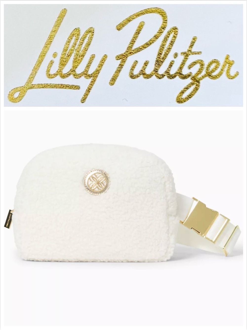 Lilly Pulitzer Sherpa Belt Bag Jeanie Coconut Cream Gold White Strap Logo NWT
